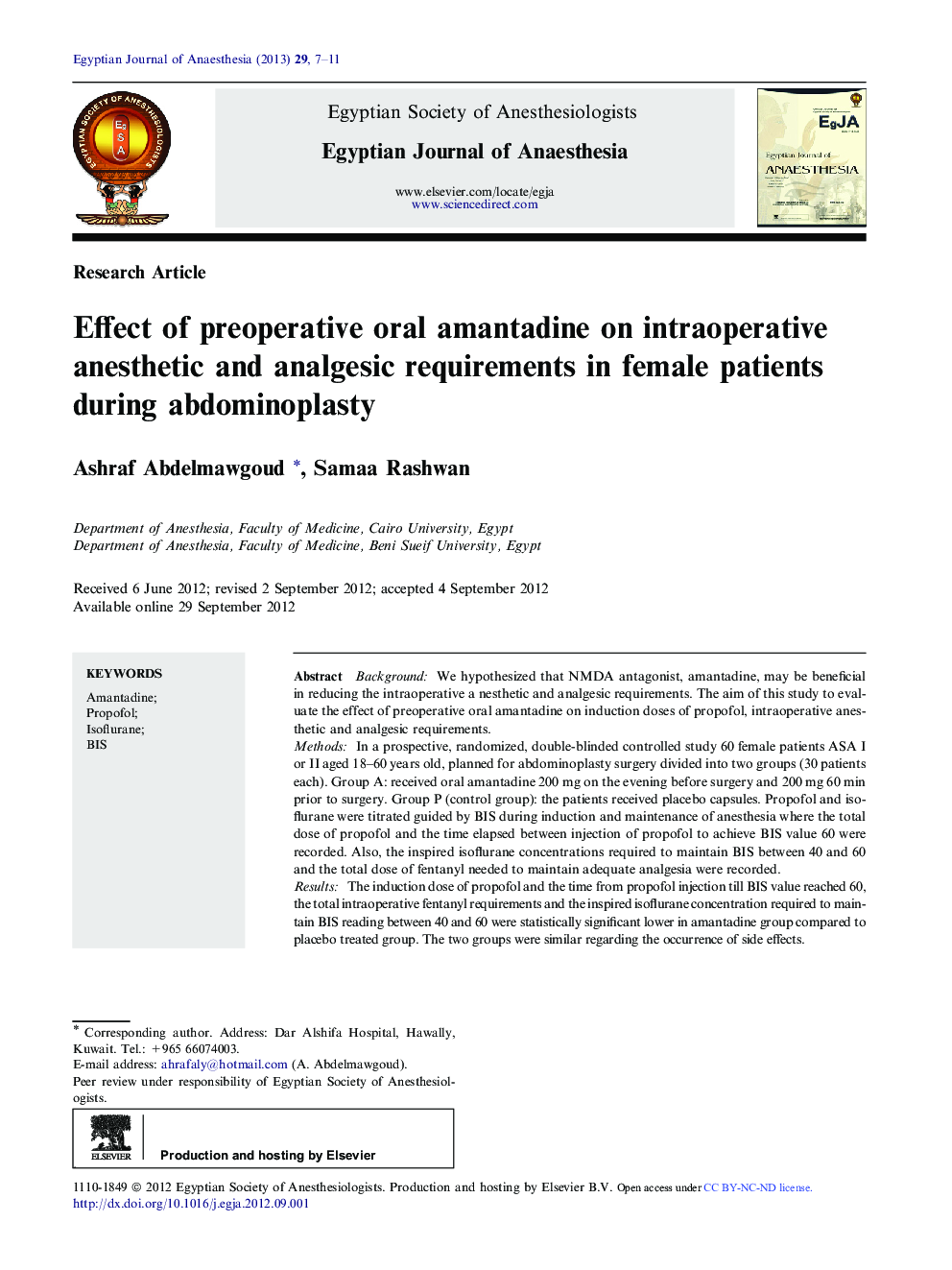 عکس صفحه اول مقاله: Effect of preoperative oral amantadine on intraoperative anesthetic and analgesic requirements in female patients during abdominoplasty Effect of preoperative oral amantadine on intraoperative anesthetic and analgesic requirements in female patients during abdominoplasty