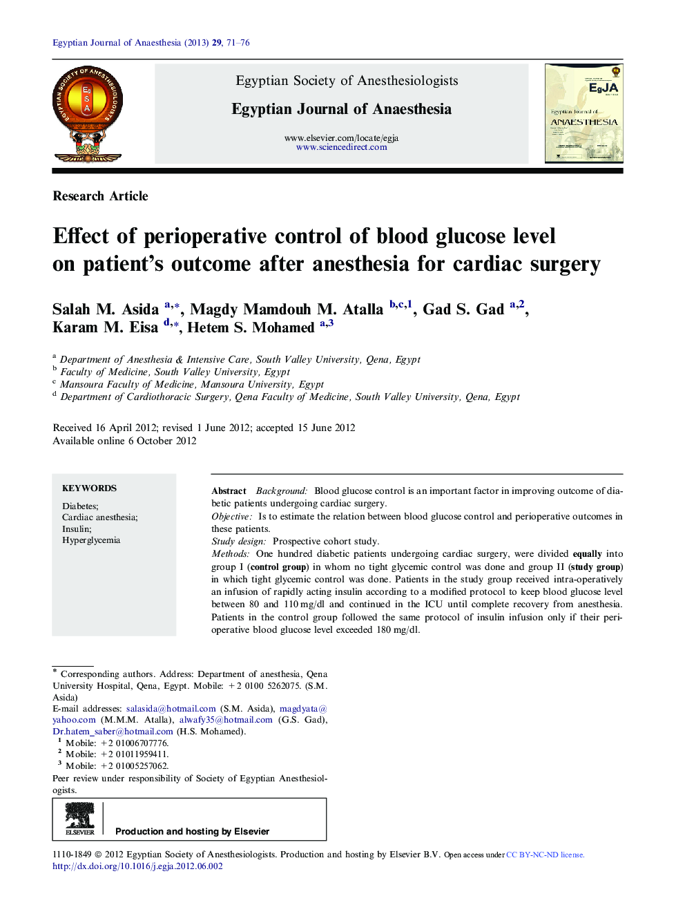 عکس صفحه اول مقاله: Effect of perioperative control of blood glucose level on patient’s outcome after anesthesia for cardiac surgery Effect of perioperative control of blood glucose level on patient’s outcome after anesthesia for cardiac surgery