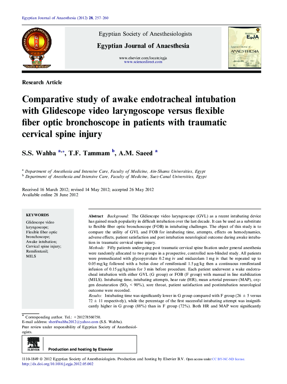 Comparative study of awake endotracheal intubation with Glidescope video laryngoscope versus flexible fiber optic bronchoscope in patients with traumatic cervical spine injury 