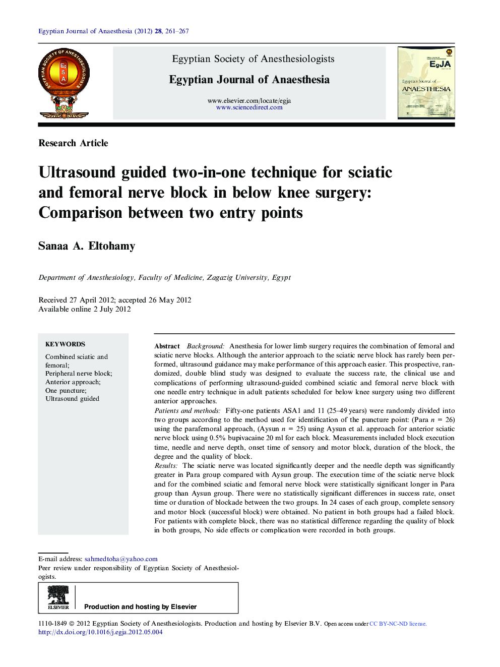 Ultrasound guided two-in-one technique for sciatic and femoral nerve block in below knee surgery: Comparison between two entry points 