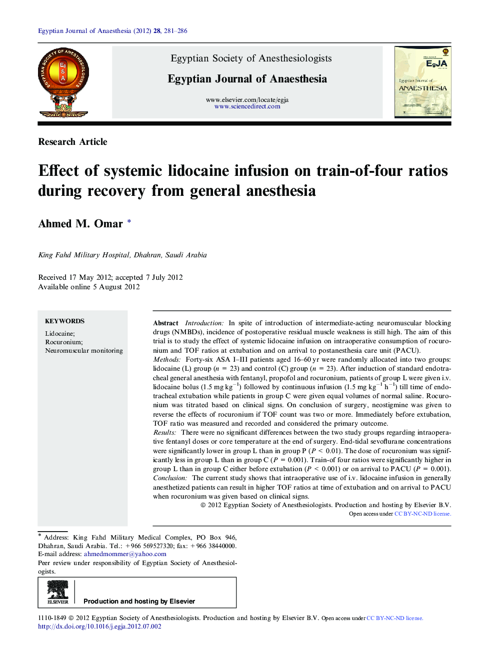 Effect of systemic lidocaine infusion on train-of-four ratios during recovery from general anesthesia 