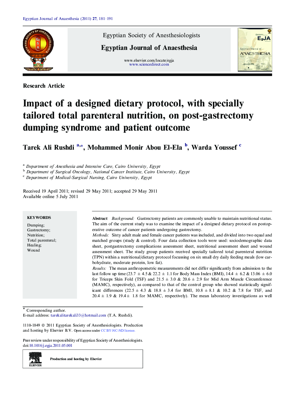 Impact of a designed dietary protocol, with specially tailored total parenteral nutrition, on post-gastrectomy dumping syndrome and patient outcome 