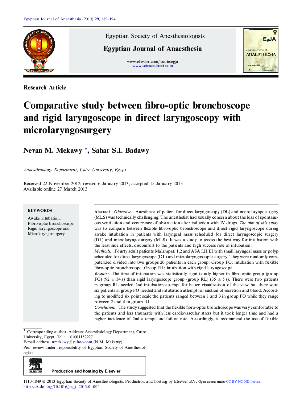 Comparative study between fibro-optic bronchoscope and rigid laryngoscope in direct laryngoscopy with microlaryngosurgery 