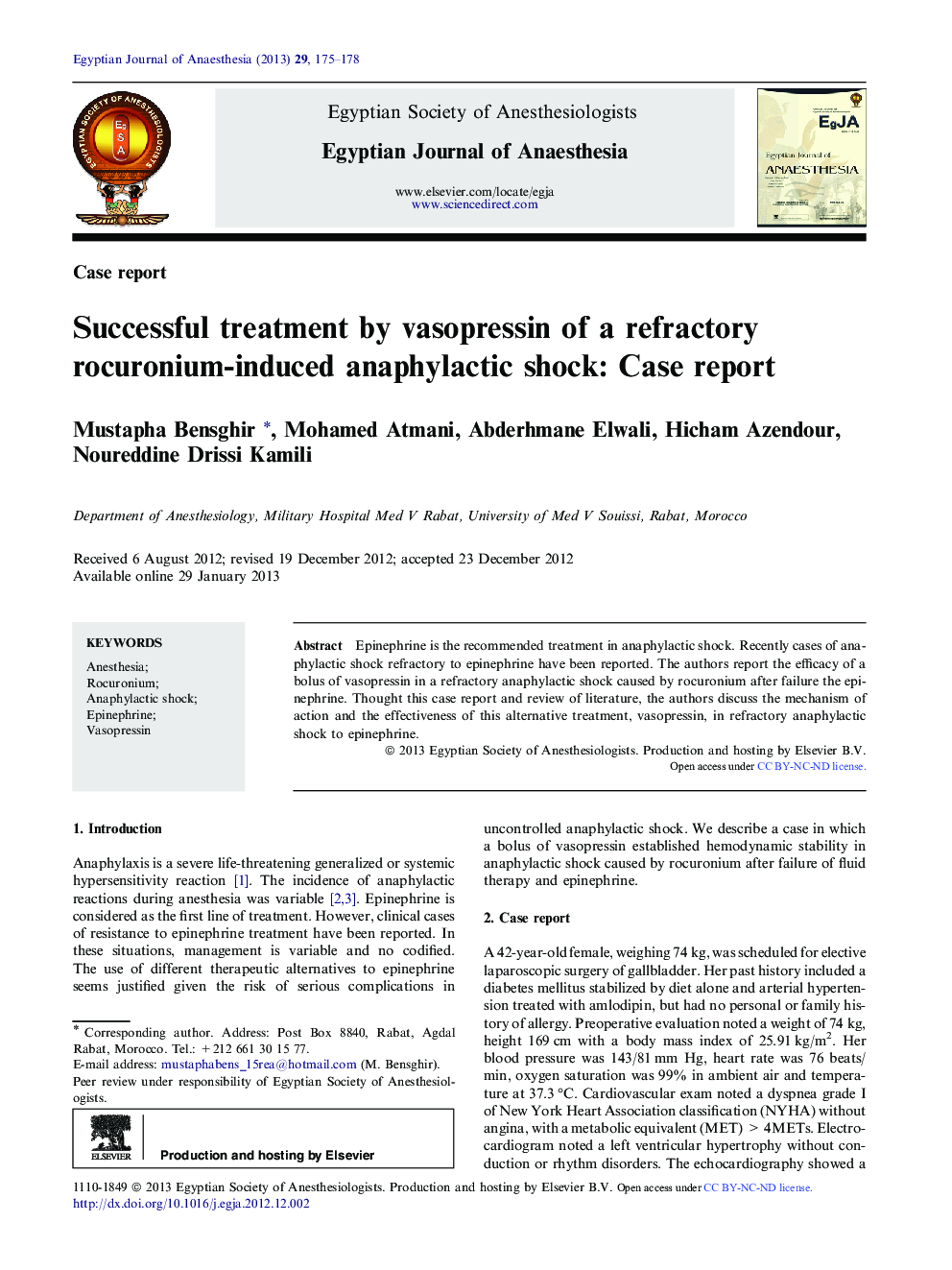 Successful treatment by vasopressin of a refractory rocuronium-induced anaphylactic shock: Case report 