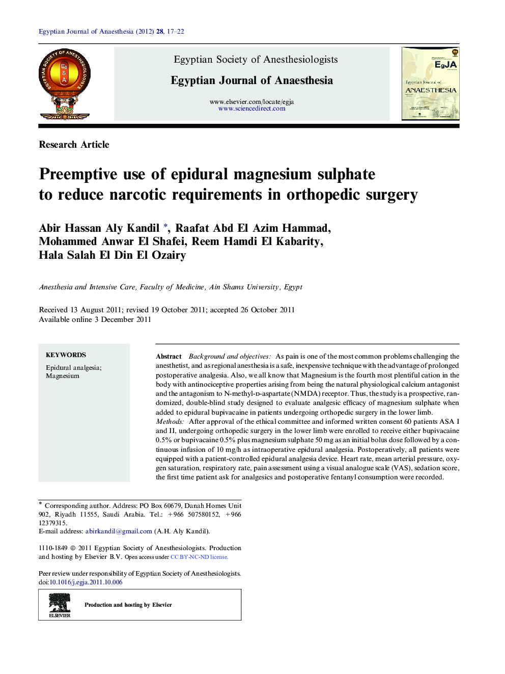 Preemptive use of epidural magnesium sulphate to reduce narcotic requirements in orthopedic surgery 