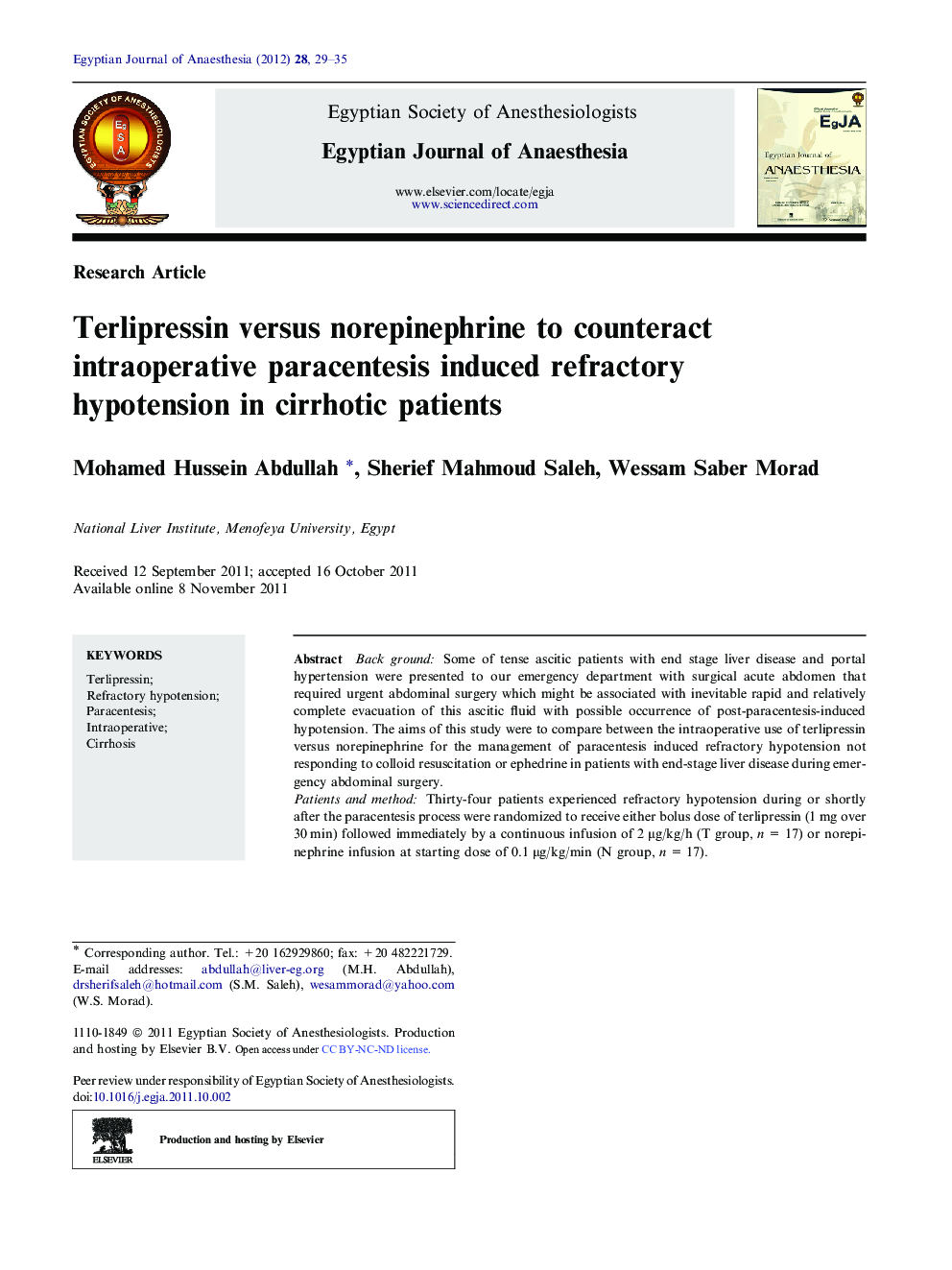 Terlipressin versus norepinephrine to counteract intraoperative paracentesis induced refractory hypotension in cirrhotic patients 