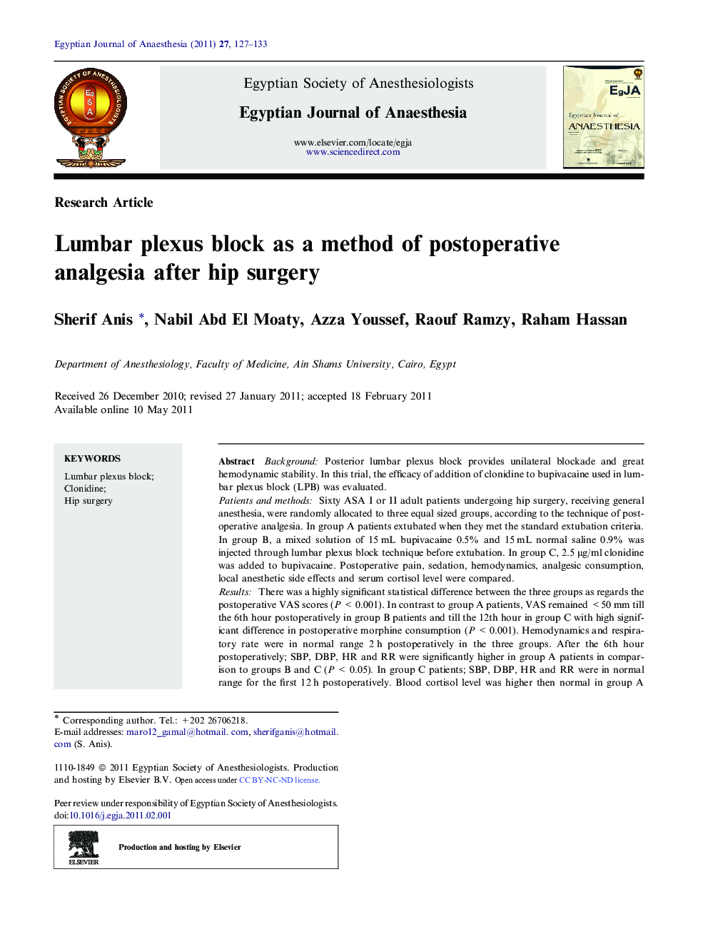 Lumbar plexus block as a method of postoperative analgesia after hip surgery 