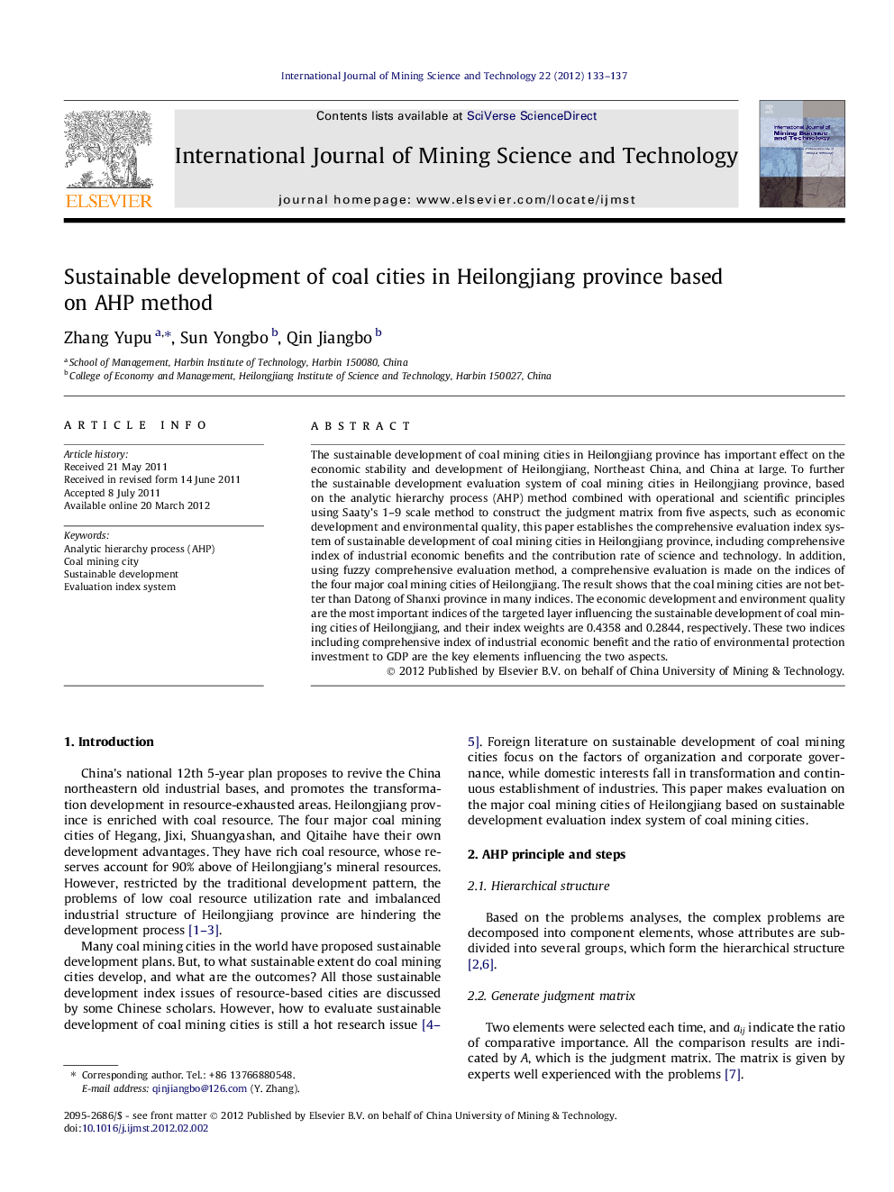 عکس صفحه اول مقاله: Sustainable development of coal cities in Heilongjiang province based on AHP method Sustainable development of coal cities in Heilongjiang province based on AHP method