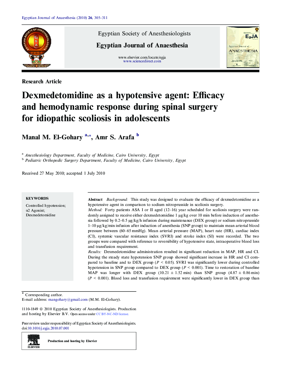 Dexmedetomidine as a hypotensive agent: Efficacy and hemodynamic response during spinal surgery for idiopathic scoliosis in adolescents