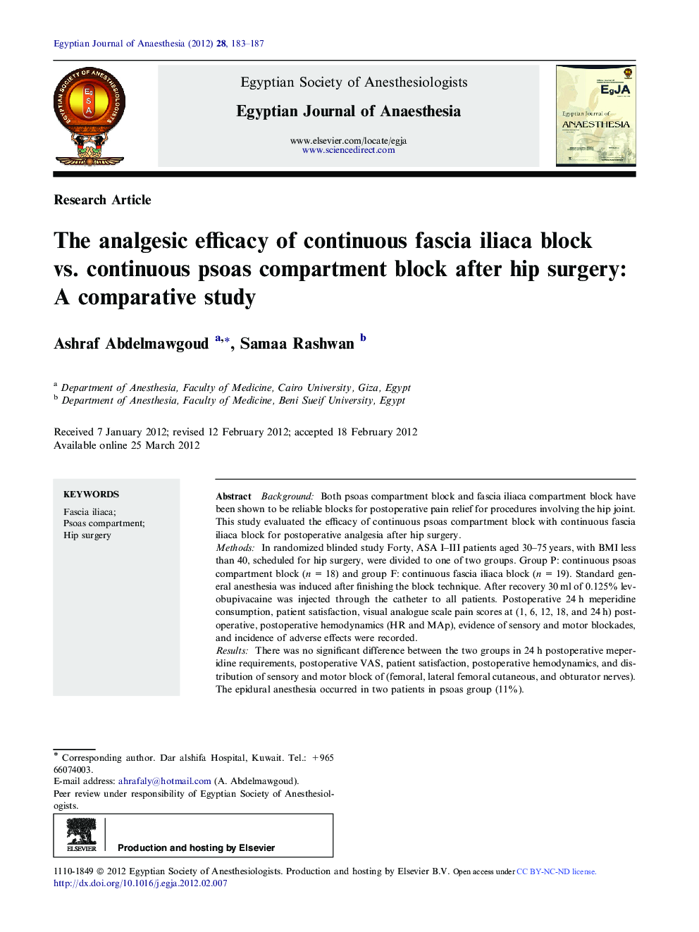 The analgesic efficacy of continuous fascia iliaca block vs. continuous psoas compartment block after hip surgery: A comparative study 