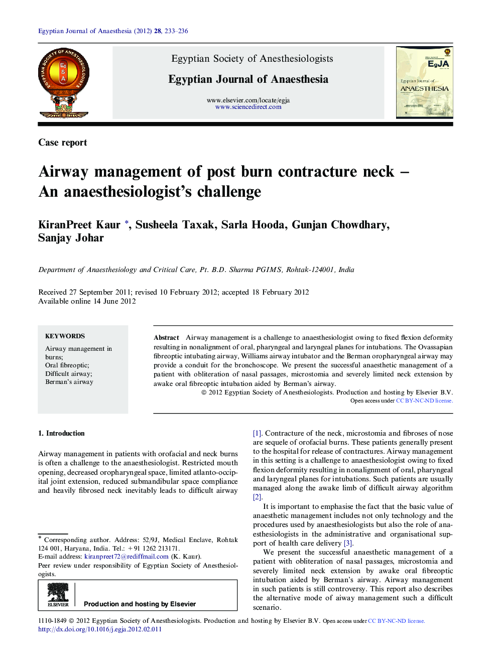 Airway management of post burn contracture neck – An anaesthesiologist's challenge 