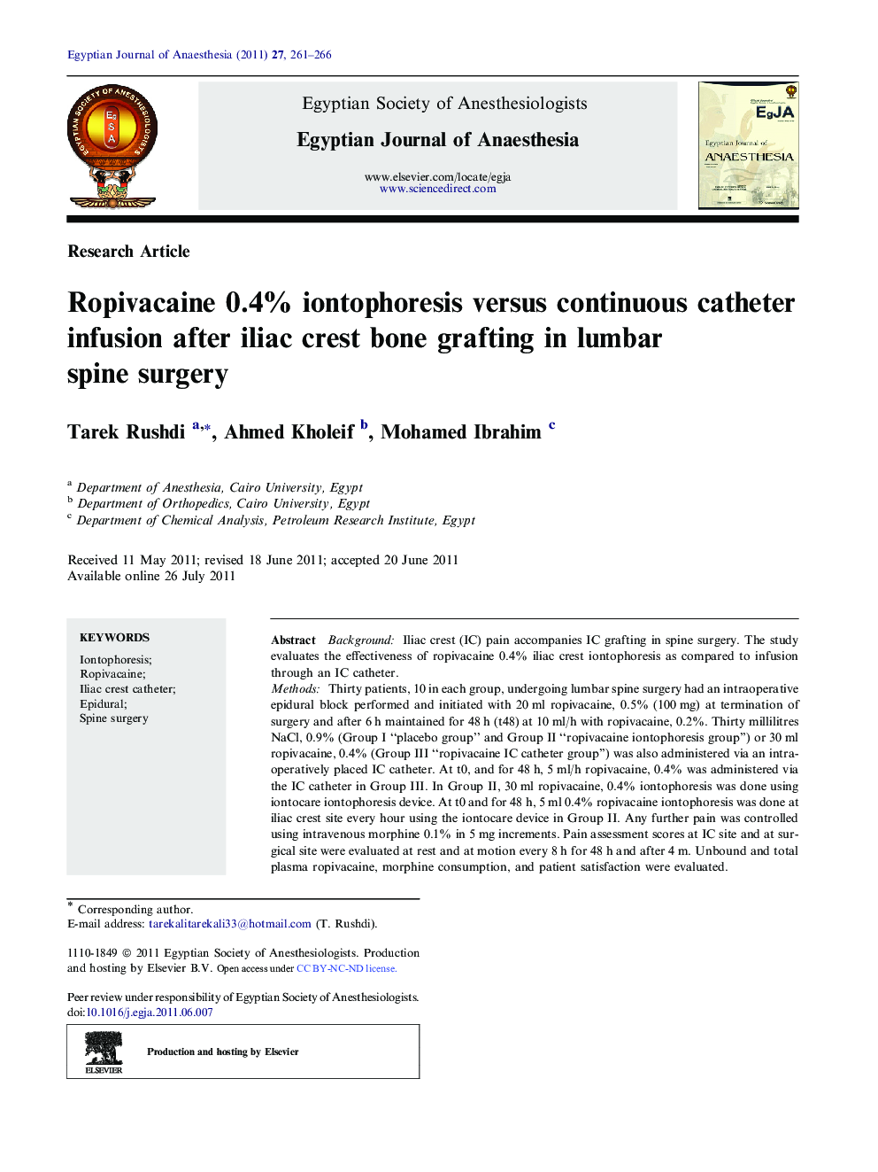 Ropivacaine 0.4% iontophoresis versus continuous catheter infusion after iliac crest bone grafting in lumbar spine surgery 