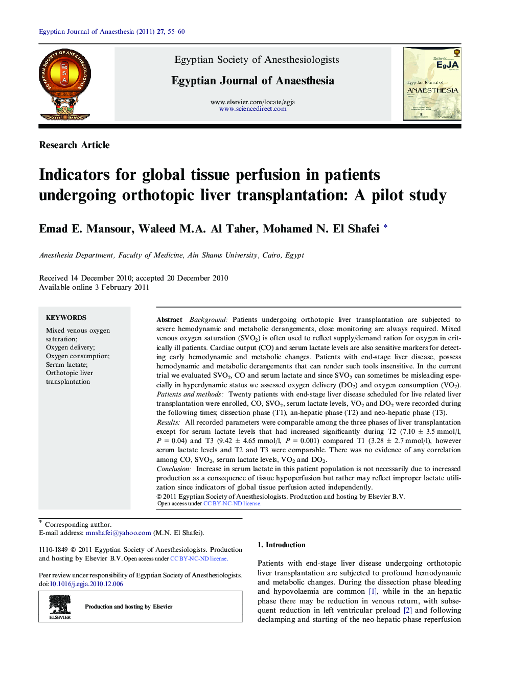 Indicators for global tissue perfusion in patients undergoing orthotopic liver transplantation: A pilot study 