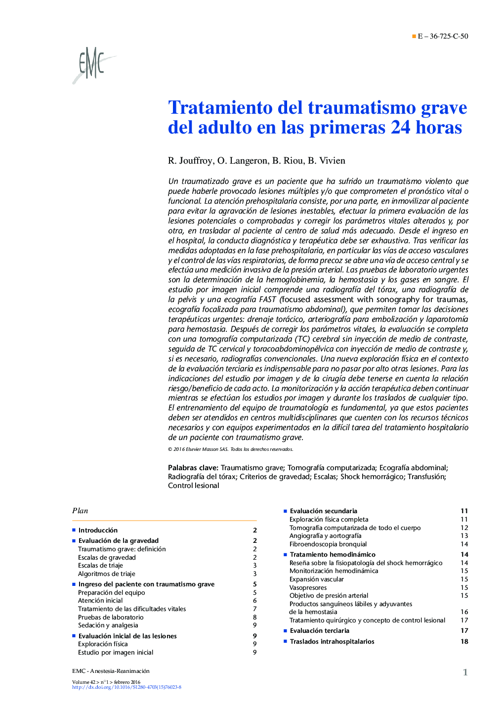 Tratamiento del traumatismo grave del adulto en las primeras 24 horas