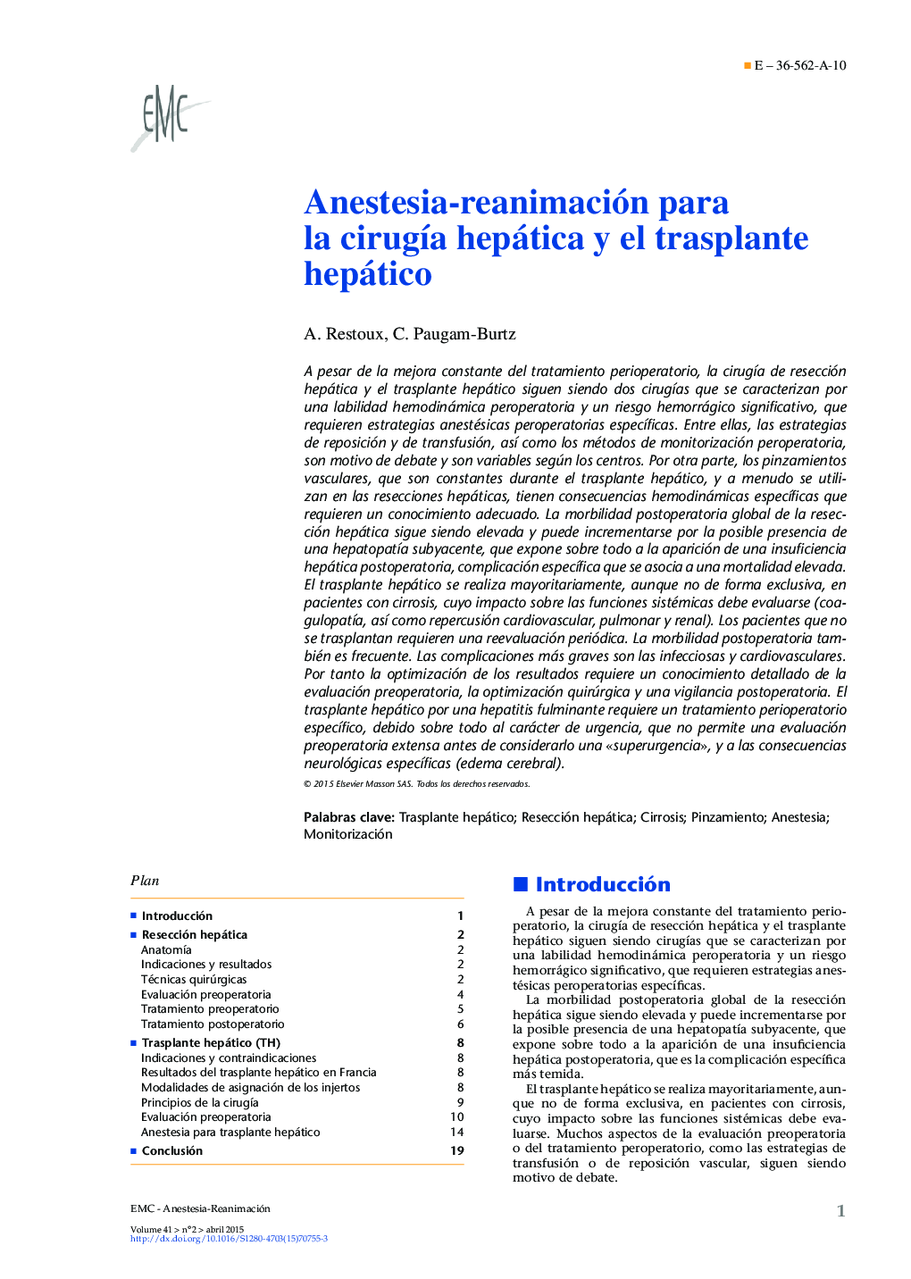 Anestesia-reanimación para la cirugÃ­a hepática y el trasplante hepático