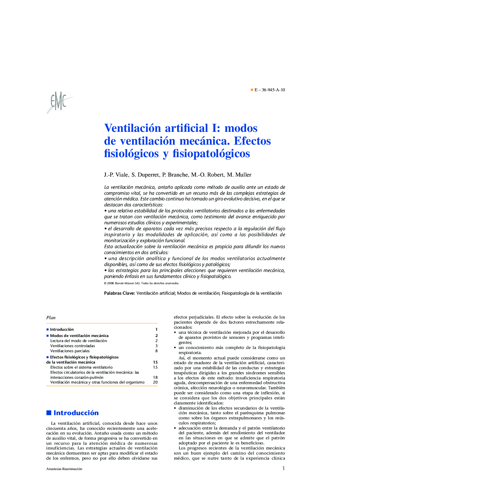 Ventilación artificial I: modos de ventilación mecánica. Efectos fisiológicos y fisiopatológicos