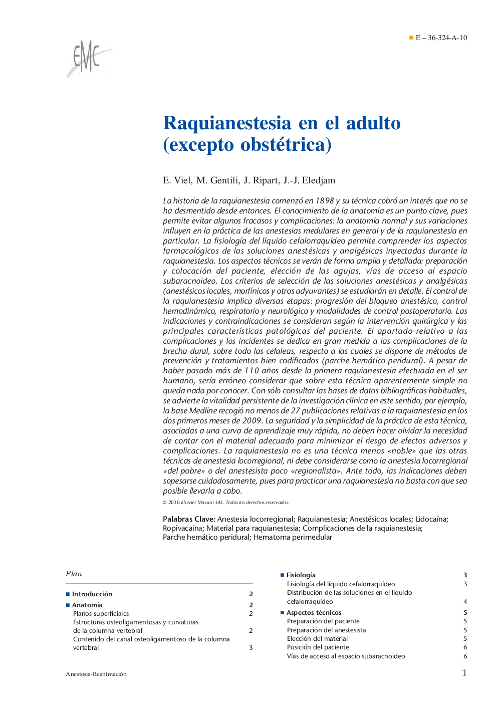 Raquianestesia en el adulto (excepto obstétrica)