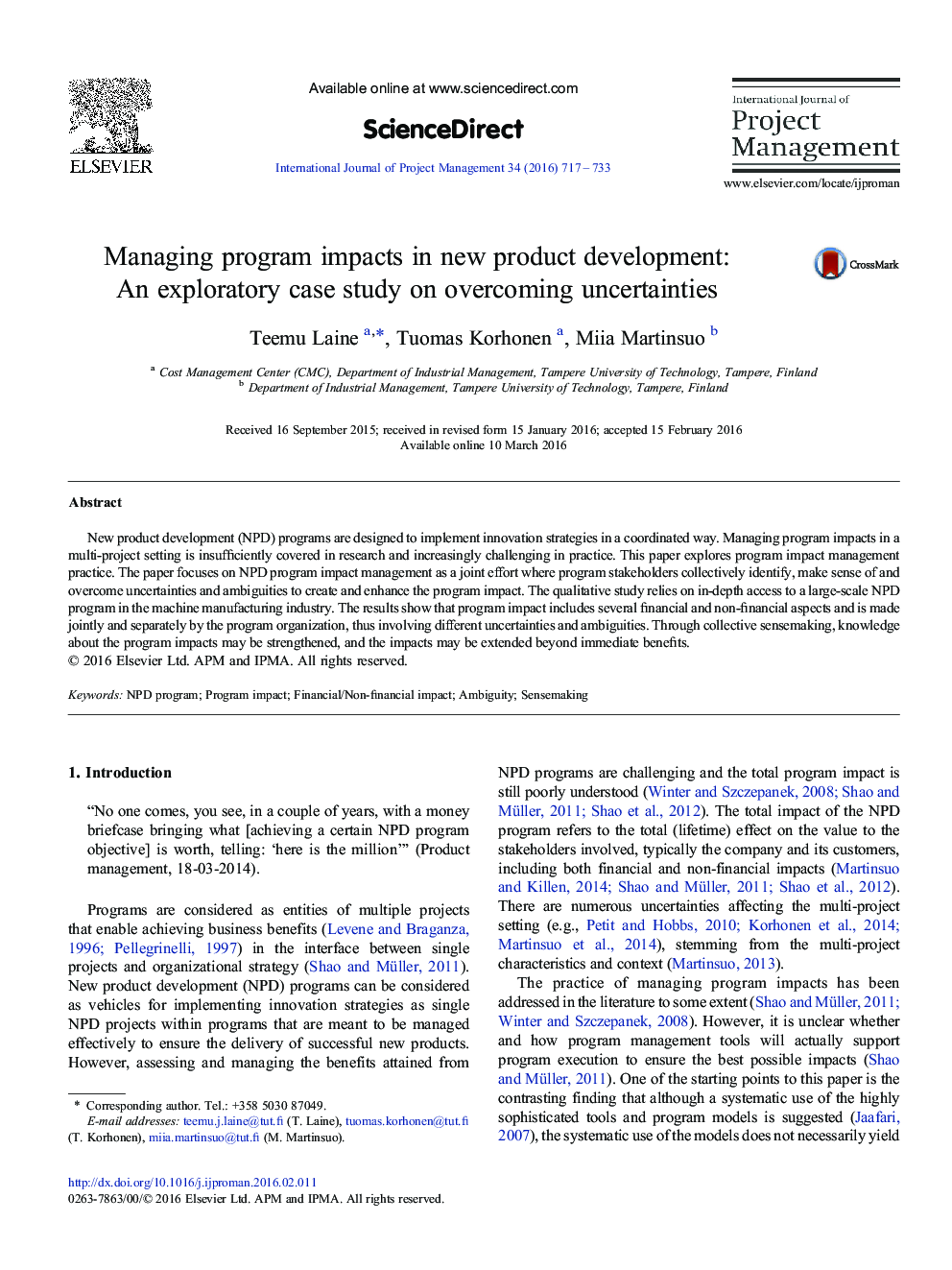 مدیریت اثرات برنامه در توسعه محصول جدید: یک مطالعه موردی اکتشافی در عدم قطعیت غلبه 