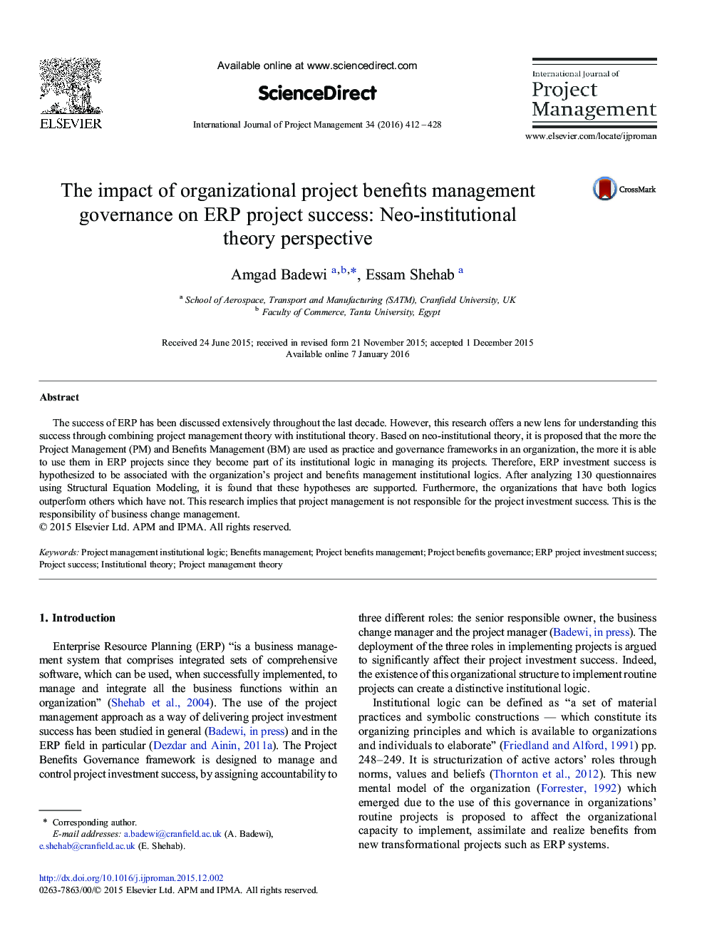 The impact of organizational project benefits management governance on ERP project success: Neo-institutional theory perspective