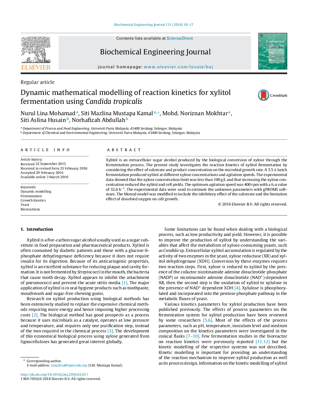 Dynamic mathematical modelling of reaction kinetics for xylitol fermentation using Candida tropicalis