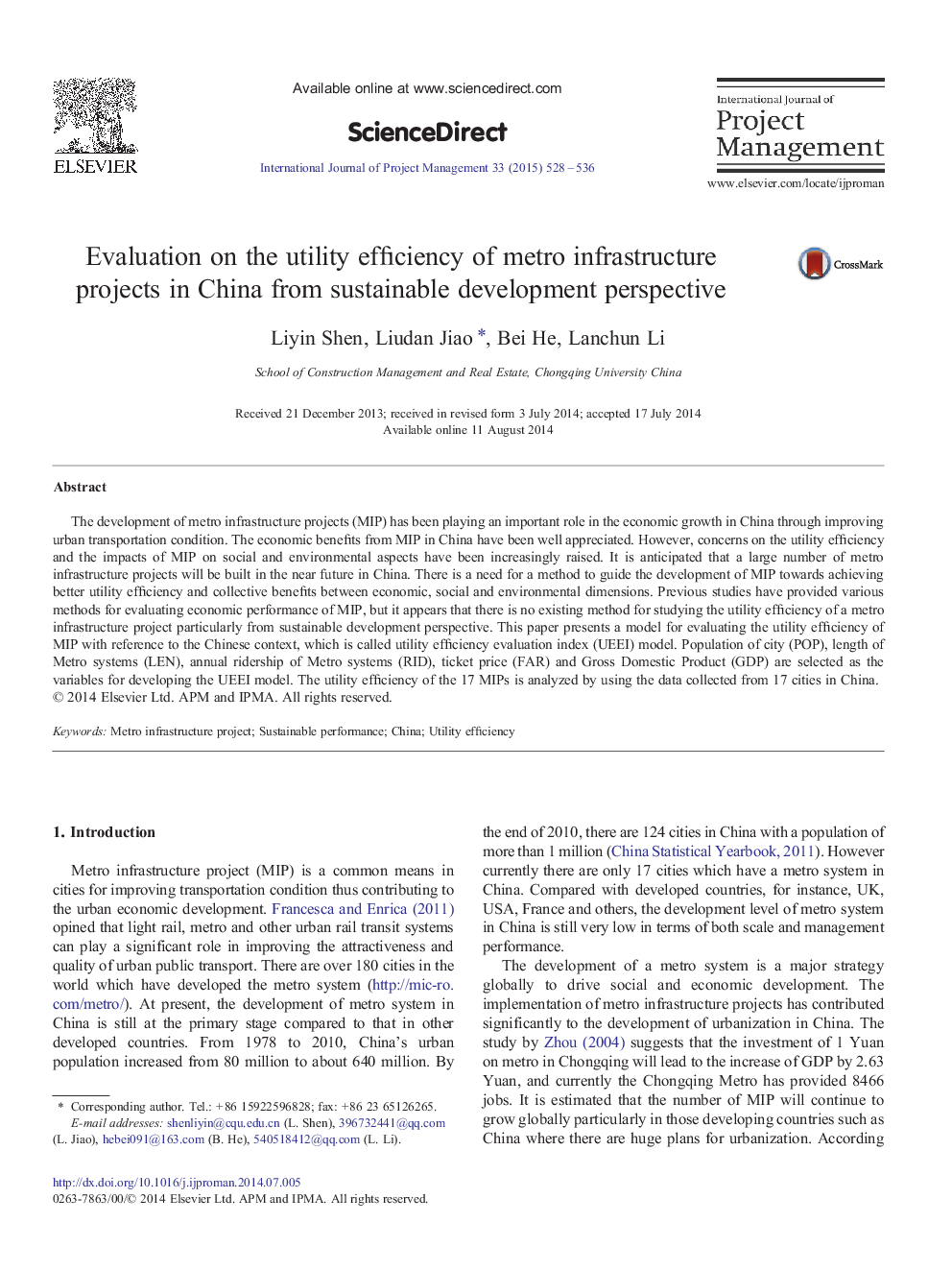 Evaluation on the utility efficiency of metro infrastructure projects in China from sustainable development perspective