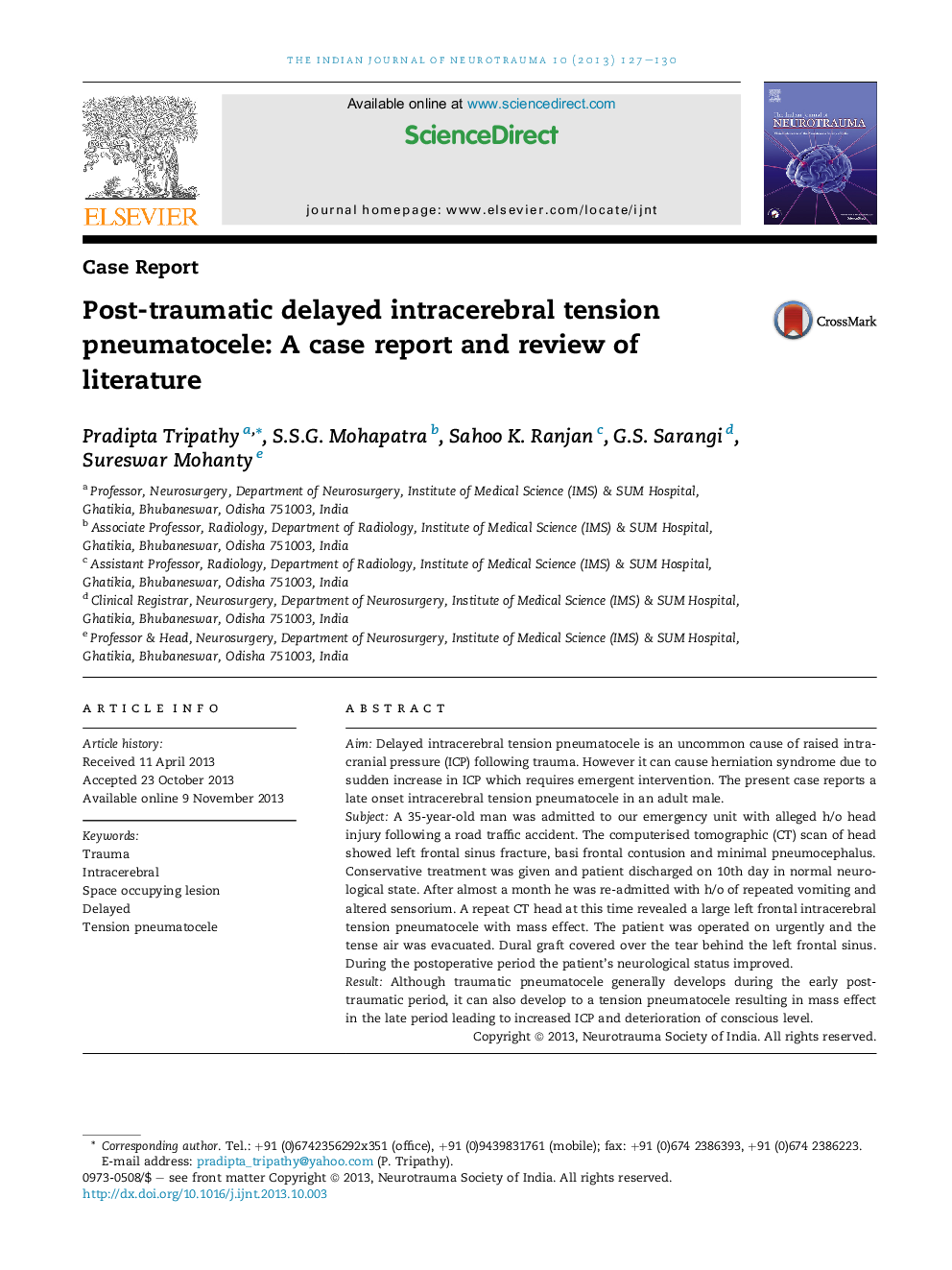 Post-traumatic delayed intracerebral tension pneumatocele: A case report and review of literature