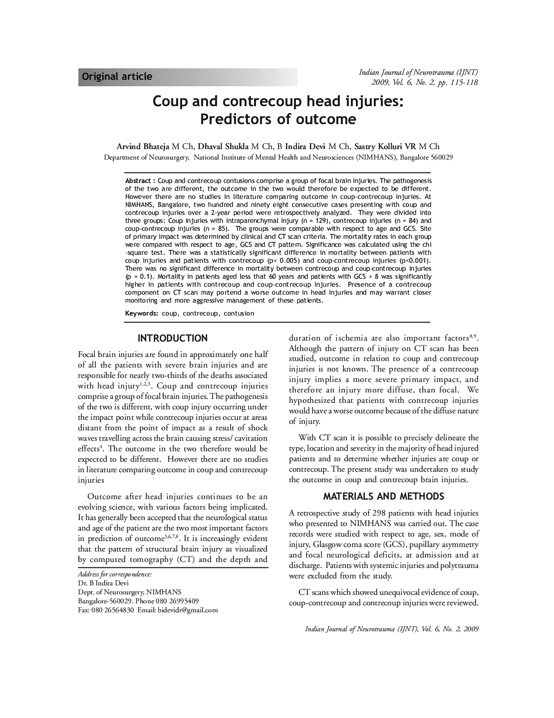 Coup and contrecoup head injuries: Predictors of outcome