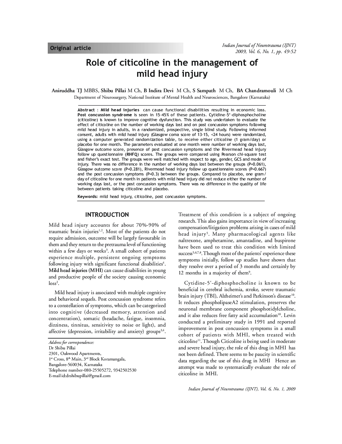 Role of citicoline in the management of mild head injury