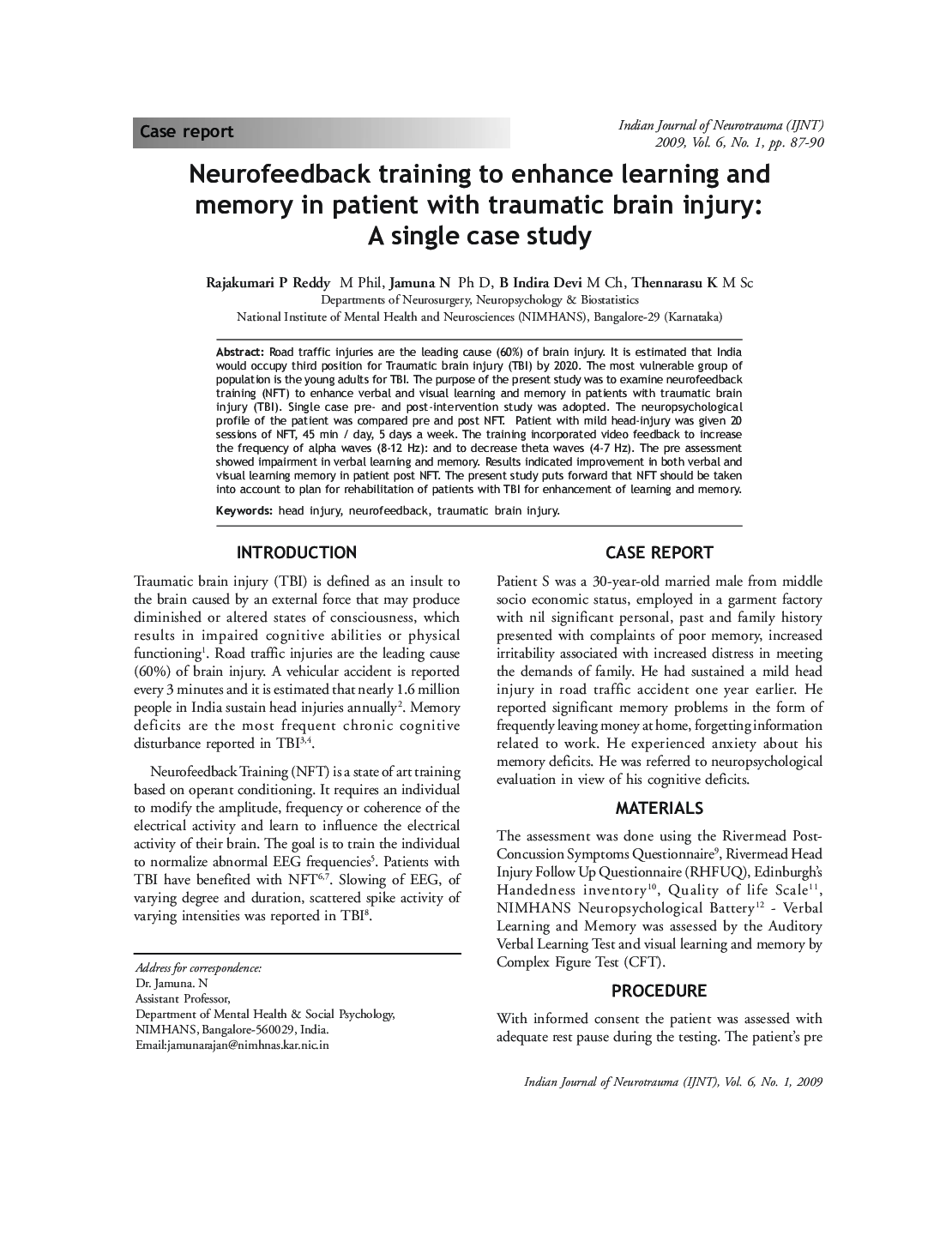 Neurofeedback training to enhance learning and memory in patient with traumatic brain injury: A single case study