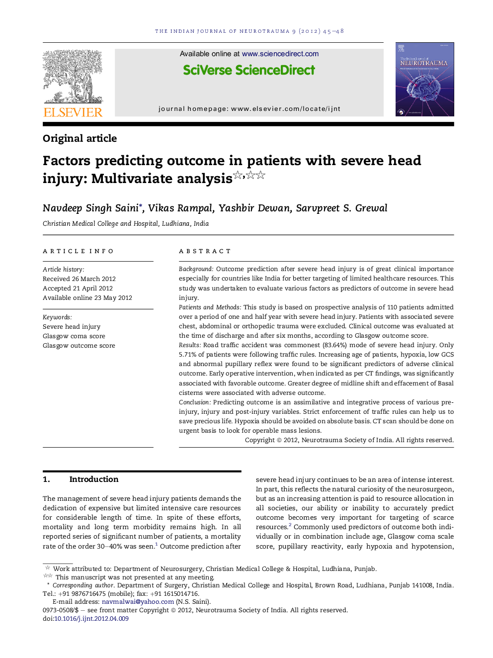 Factors predicting outcome in patients with severe head injury: Multivariate analysis