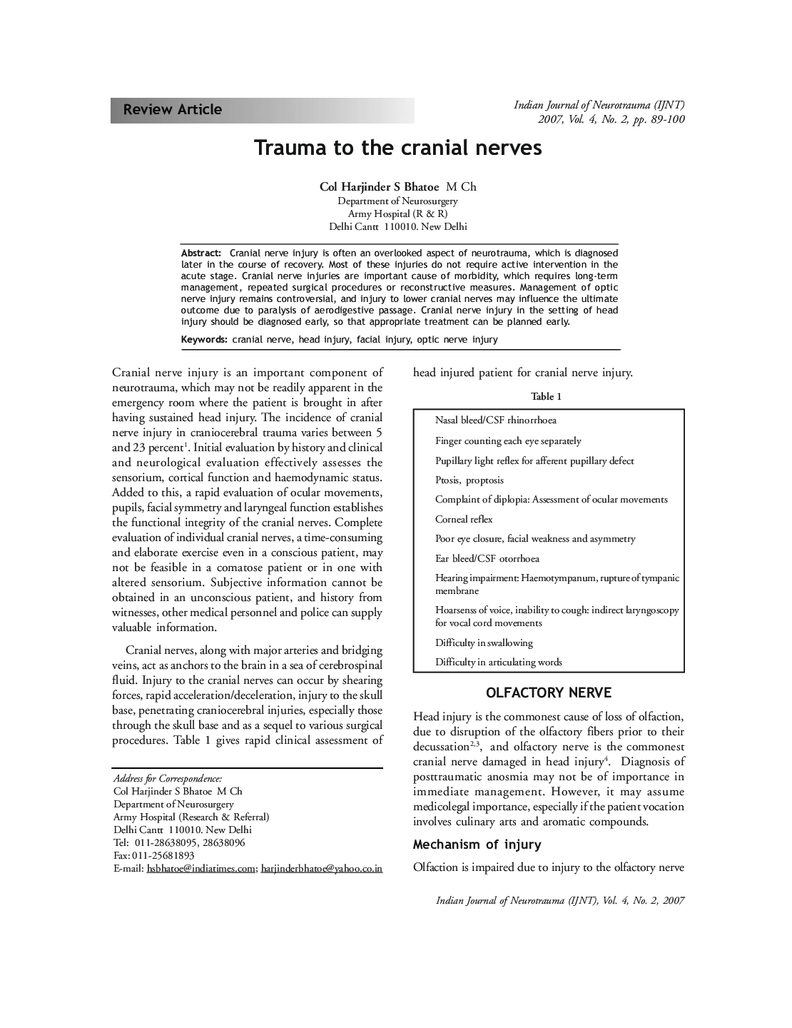 Trauma to the cranial nerves