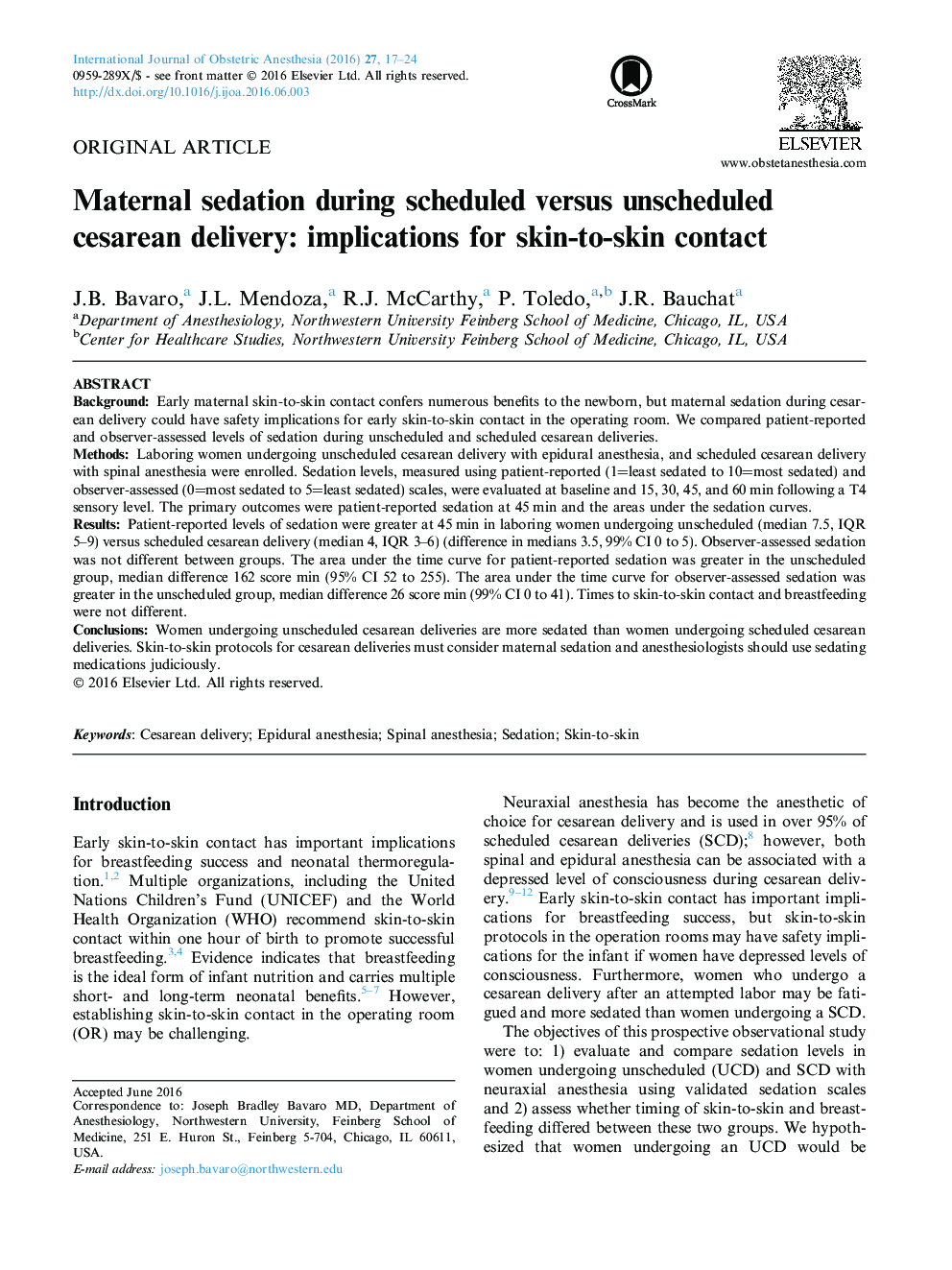 Maternal sedation during scheduled versus unscheduled cesarean delivery: implications for skin-to-skin contact