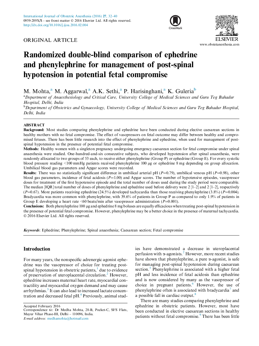 Randomized double-blind comparison of ephedrine and phenylephrine for management of post-spinal hypotension in potential fetal compromise