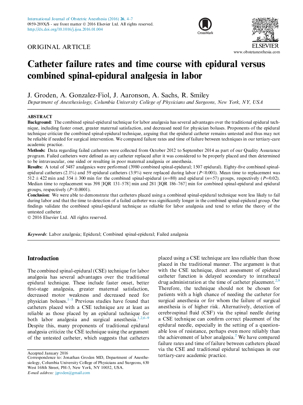 Catheter failure rates and time course with epidural versus combined spinal-epidural analgesia in labor