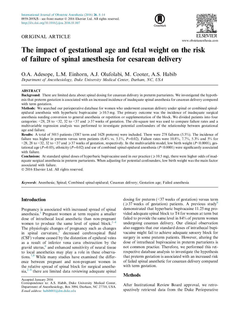 The impact of gestational age and fetal weight on the risk of failure of spinal anesthesia for cesarean delivery