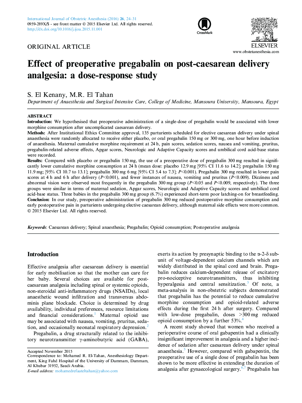 Effect of preoperative pregabalin on post-caesarean delivery analgesia: a dose-response study