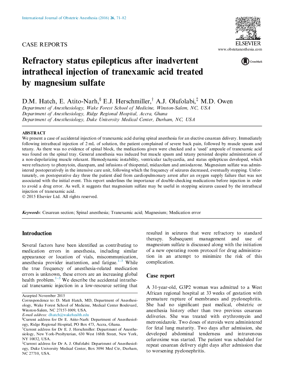 Refractory status epilepticus after inadvertent intrathecal injection of tranexamic acid treated by magnesium sulfate