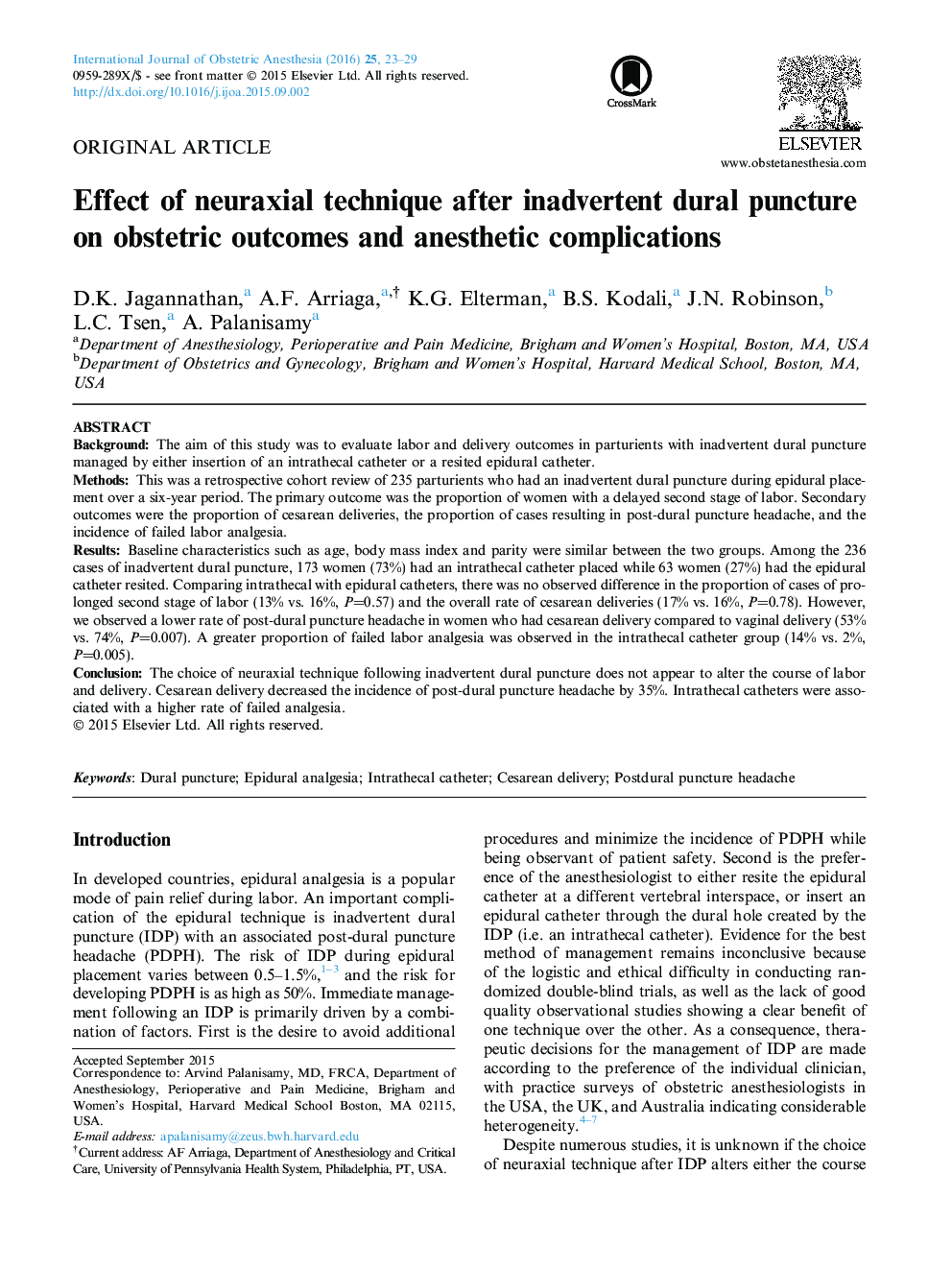 Effect of neuraxial technique after inadvertent dural puncture on obstetric outcomes and anesthetic complications