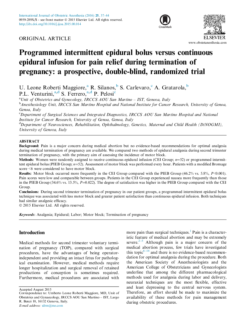 Programmed intermittent epidural bolus versus continuous epidural infusion for pain relief during termination of pregnancy: a prospective, double-blind, randomized trial