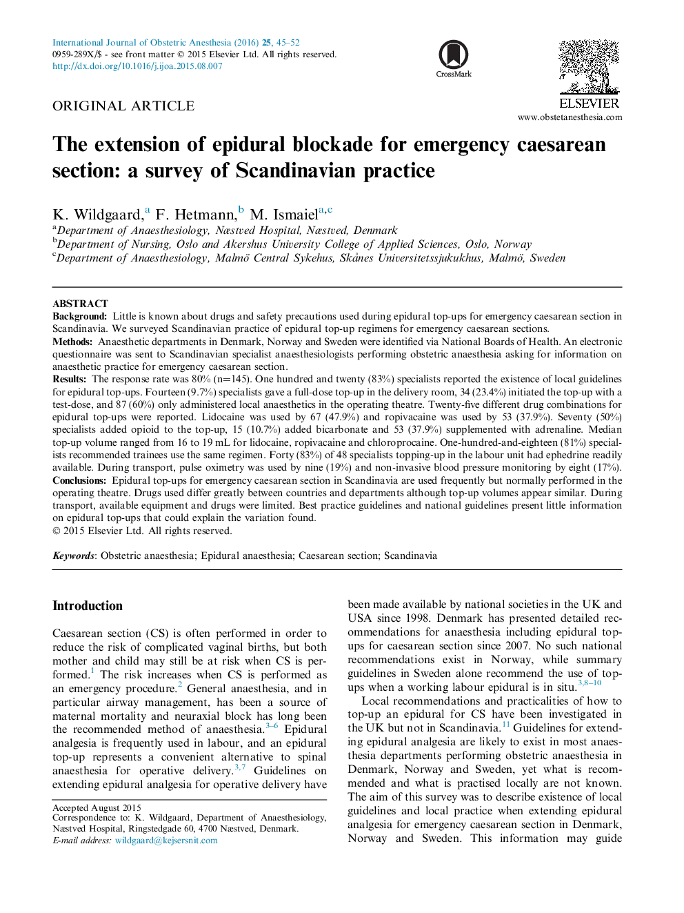 The extension of epidural blockade for emergency caesarean section: a survey of Scandinavian practice