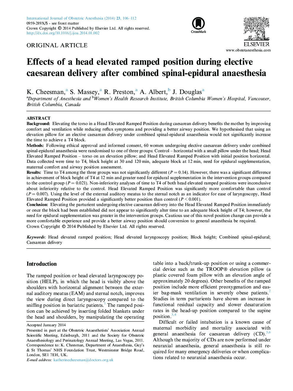 Effects of a head elevated ramped position during elective caesarean delivery after combined spinal-epidural anaesthesia 