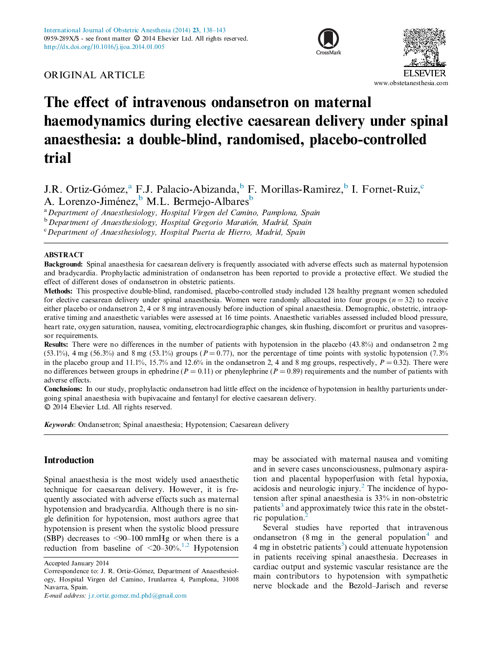 The effect of intravenous ondansetron on maternal haemodynamics during elective caesarean delivery under spinal anaesthesia: a double-blind, randomised, placebo-controlled trial