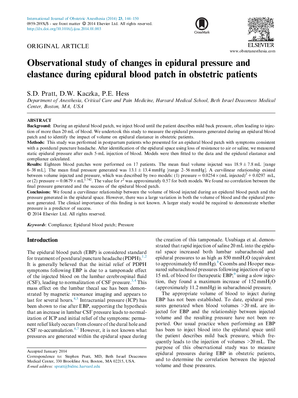 Observational study of changes in epidural pressure and elastance during epidural blood patch in obstetric patients