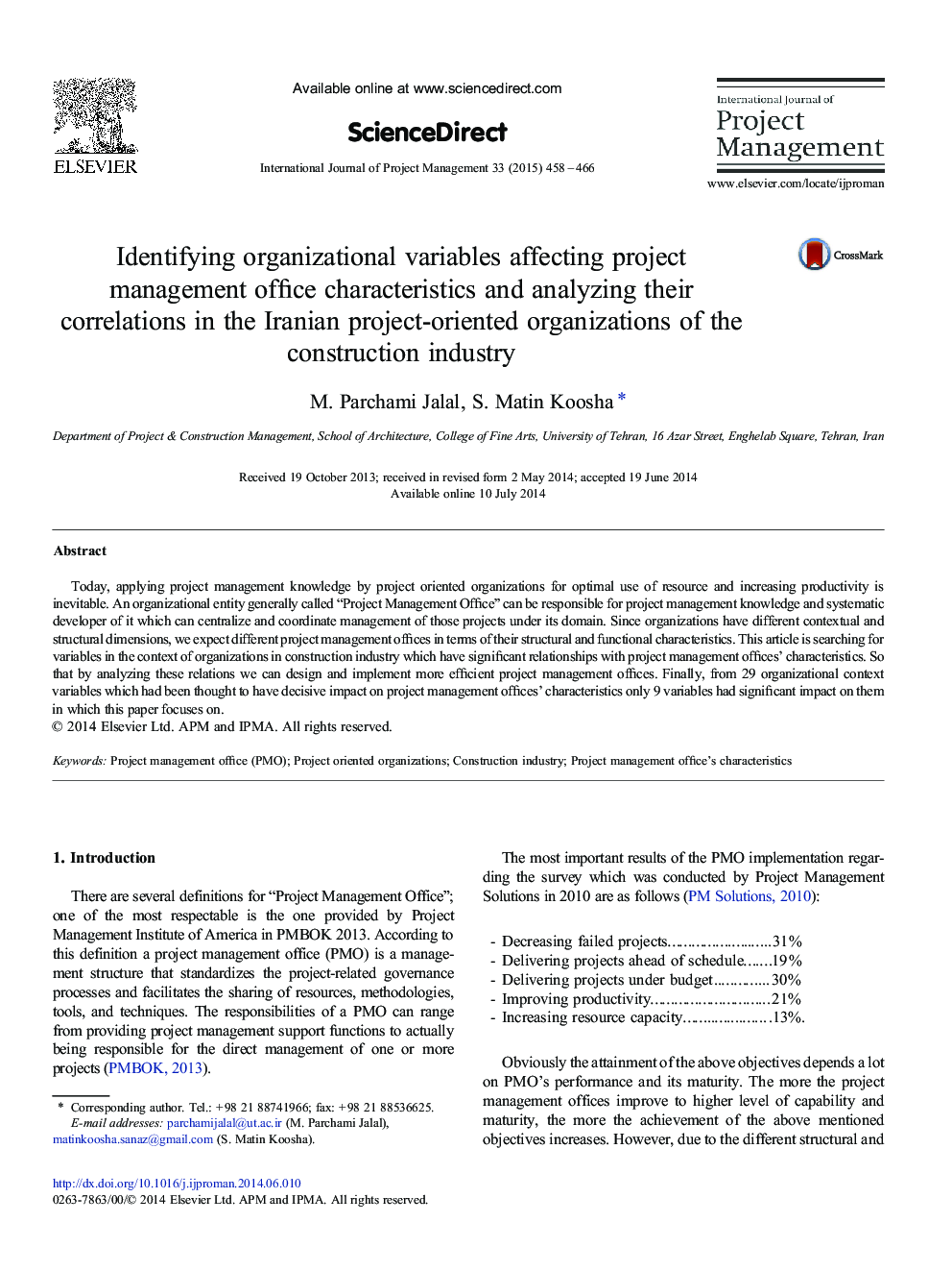 Identifying organizational variables affecting project management office characteristics and analyzing their correlations in the Iranian project-oriented organizations of the construction industry