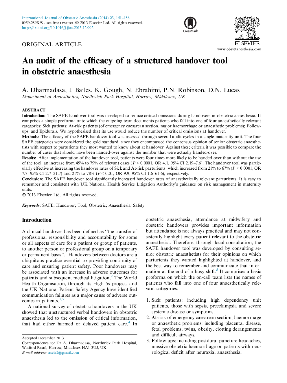 An audit of the efficacy of a structured handover tool in obstetric anaesthesia