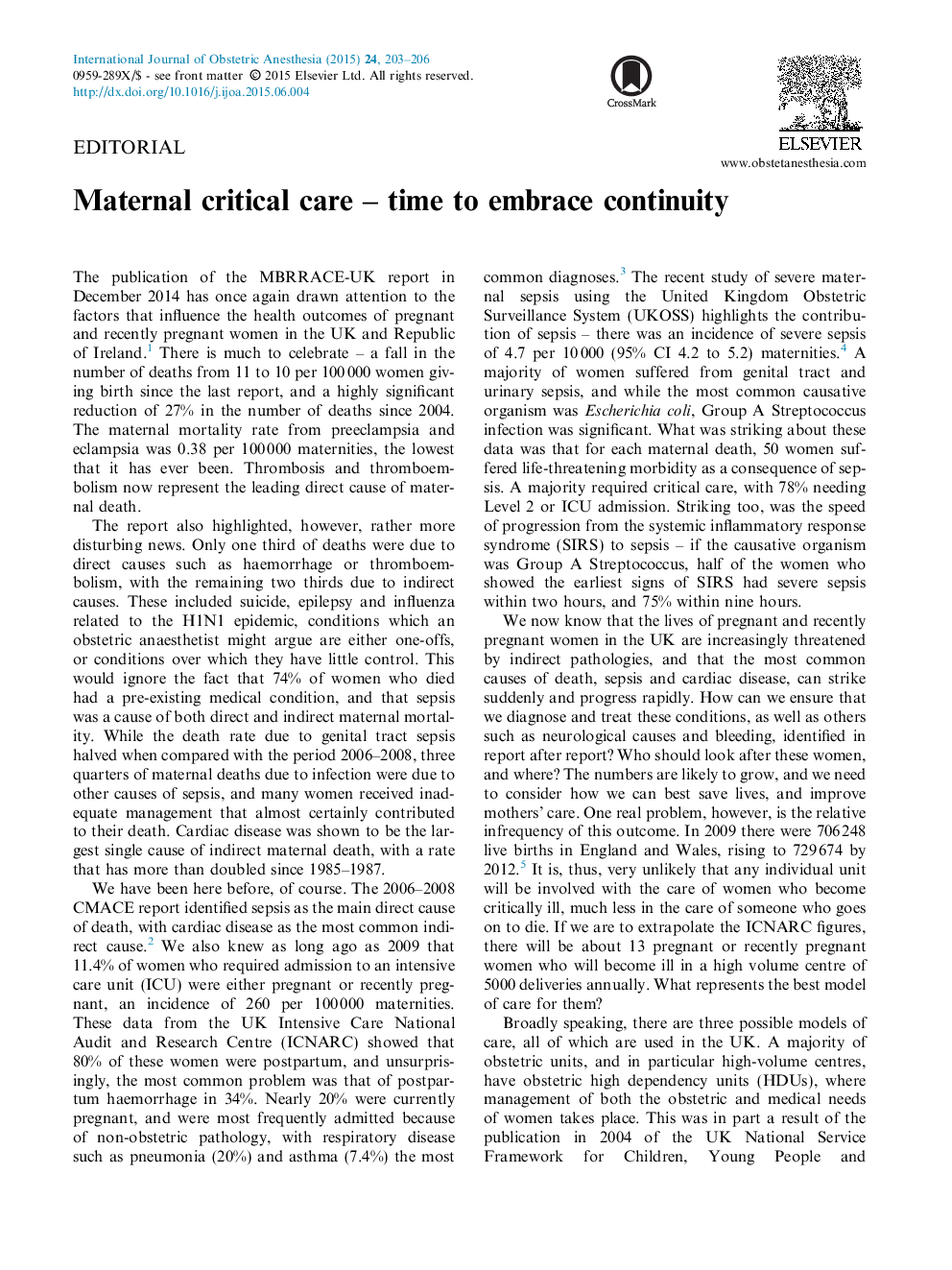 Maternal critical care - time to embrace continuity