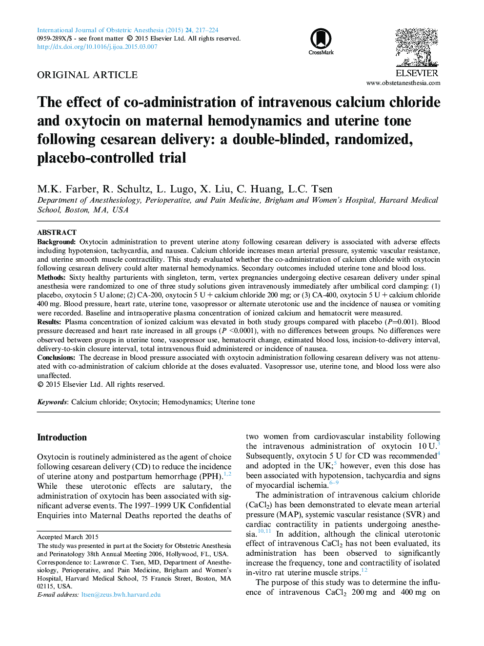 The effect of co-administration of intravenous calcium chloride and oxytocin on maternal hemodynamics and uterine tone following cesarean delivery: a double-blinded, randomized, placebo-controlled trial 