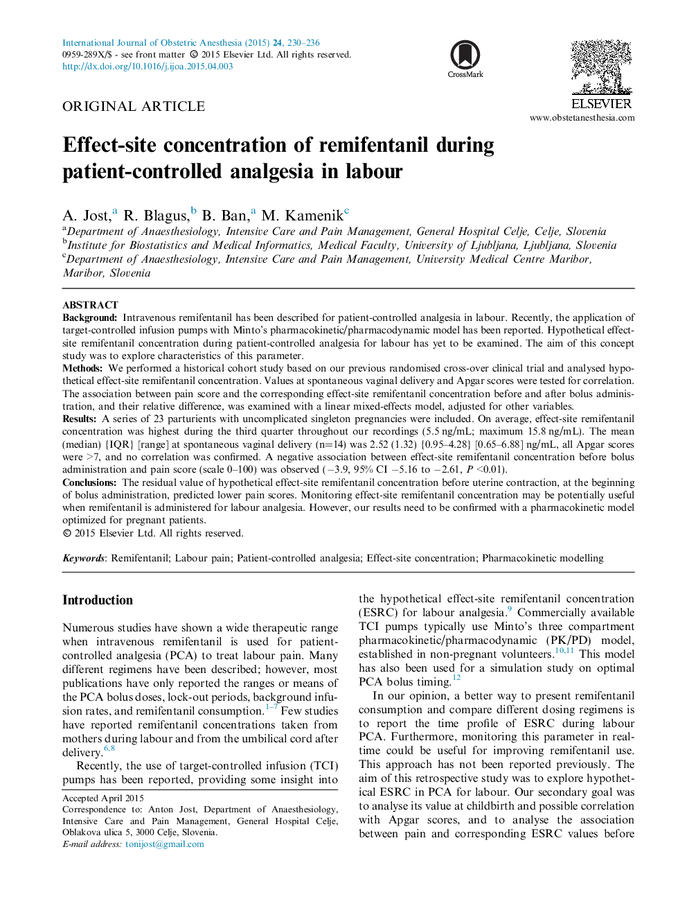 Effect-site concentration of remifentanil during patient-controlled analgesia in labour