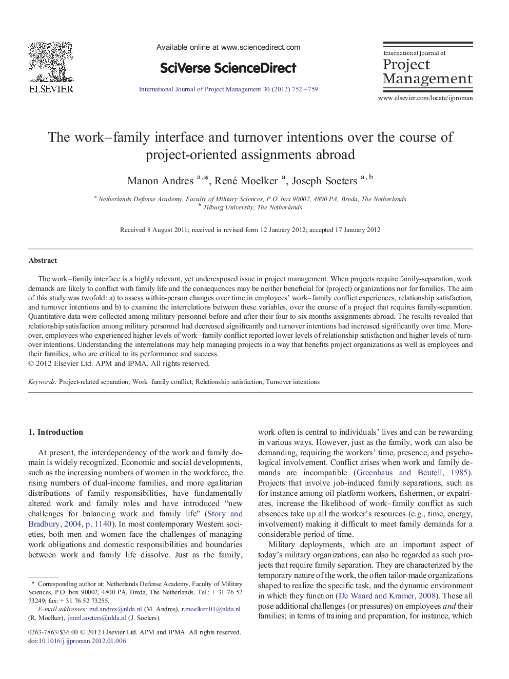 The work–family interface and turnover intentions over the course of project-oriented assignments abroad