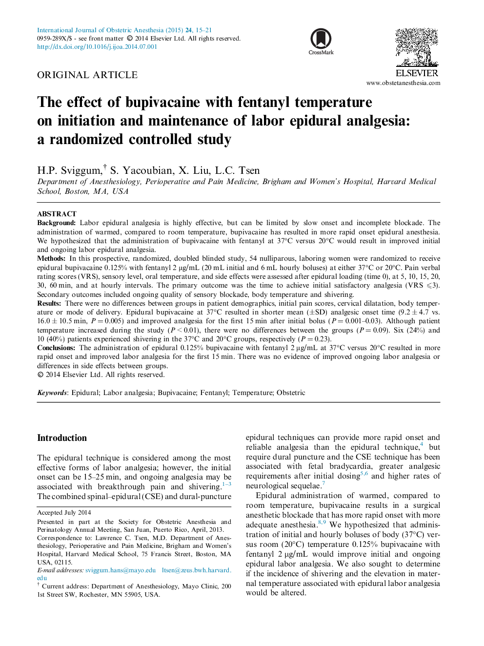 اثر بوپیواکایین با دمای فنتانیل در شروع و نگهداری بیهوشی اپیدورال کار: یک مطالعه کنترل شده تصادفی 